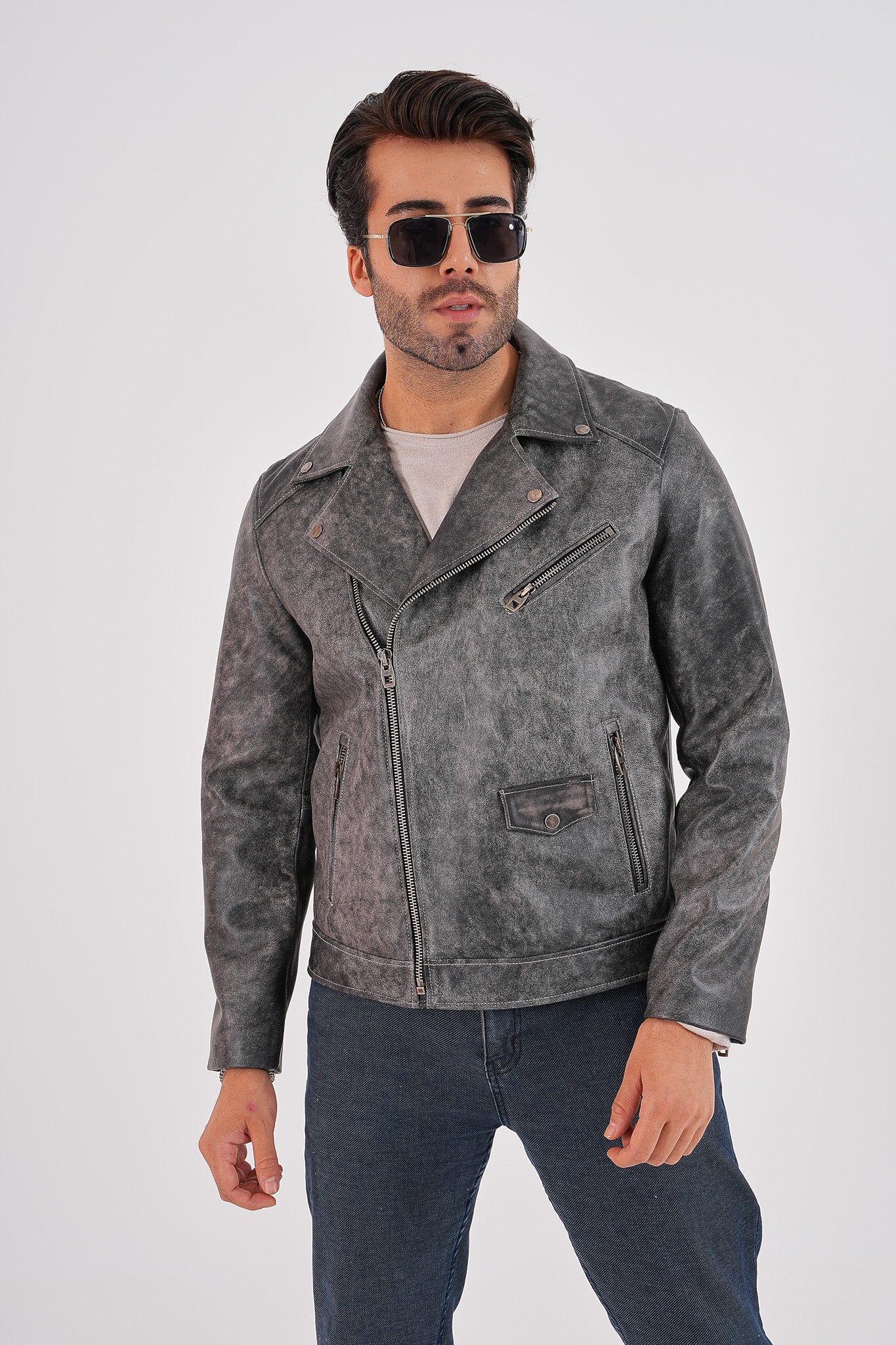 The Volt Textured Distressed Grey Leather Men Jacket