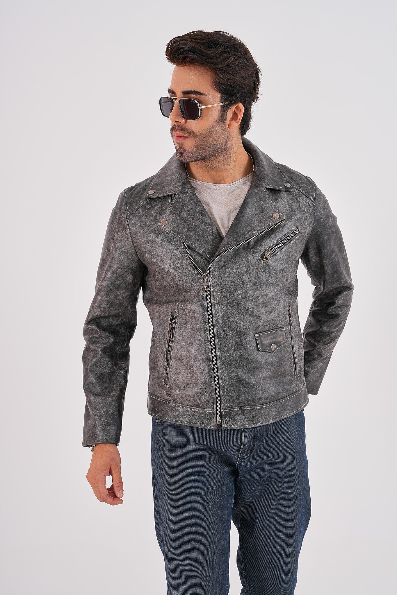 The Volt Textured Distressed Grey Leather Men Jacket