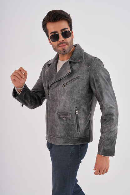 The Volt Textured Distressed Grey Leather Men Jacket