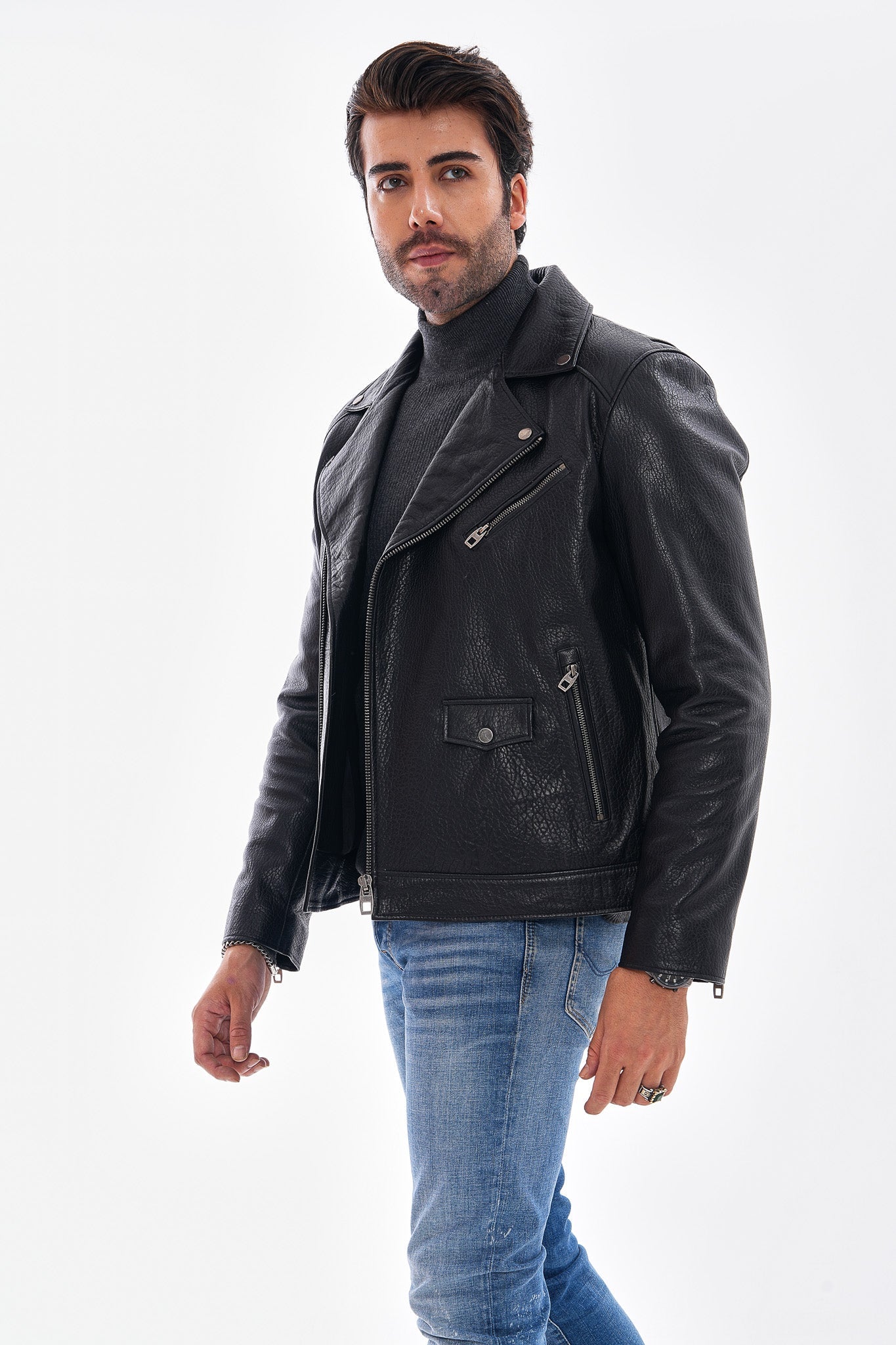 The Volt Textured Black Leather Men Jacket