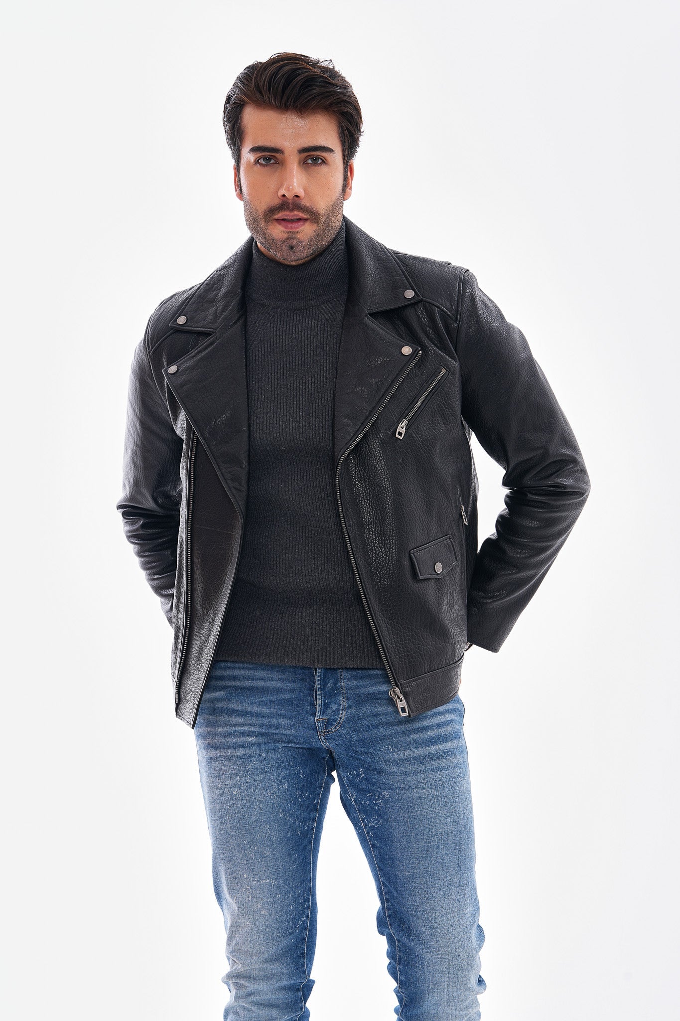 The Volt Textured Black Leather Men Jacket