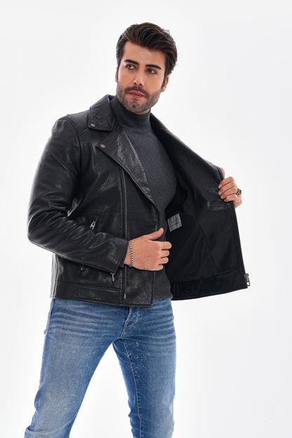 The Volt Textured Black Leather Men Jacket