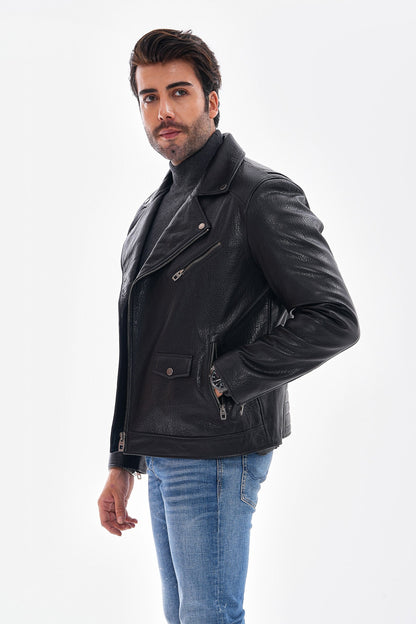 The Volt Textured Black Leather Men Jacket