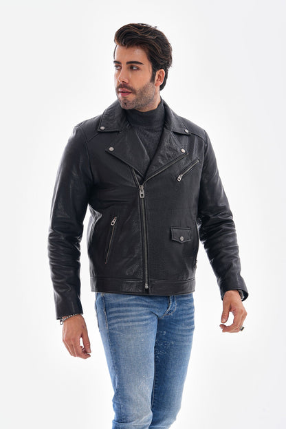 The Volt Textured Black Leather Men Jacket