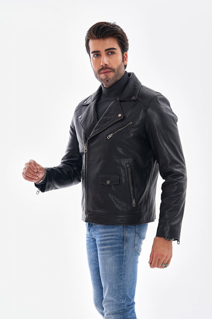 The Volt Textured Black Leather Men Jacket