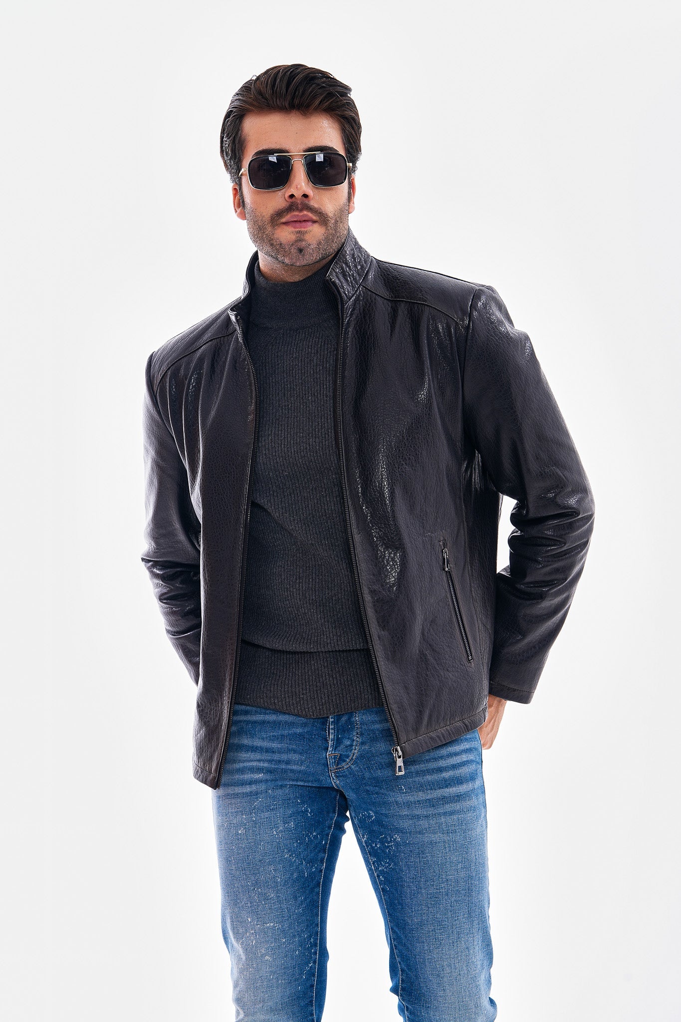 The Varden Navy Blue Leather Men Jacket