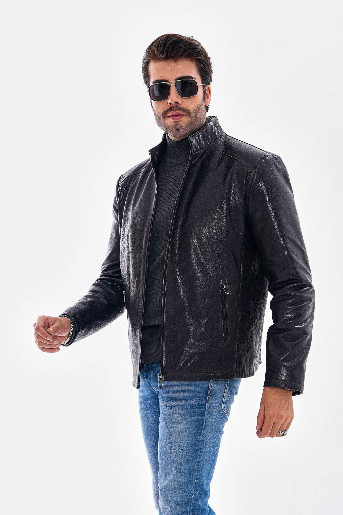 The Varden Navy Blue Leather Men Jacket