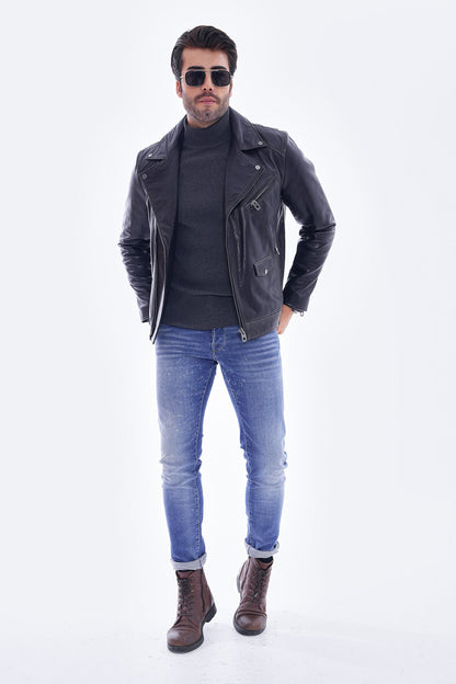 The Volt Textured Navy Blue Leather Men Jacket