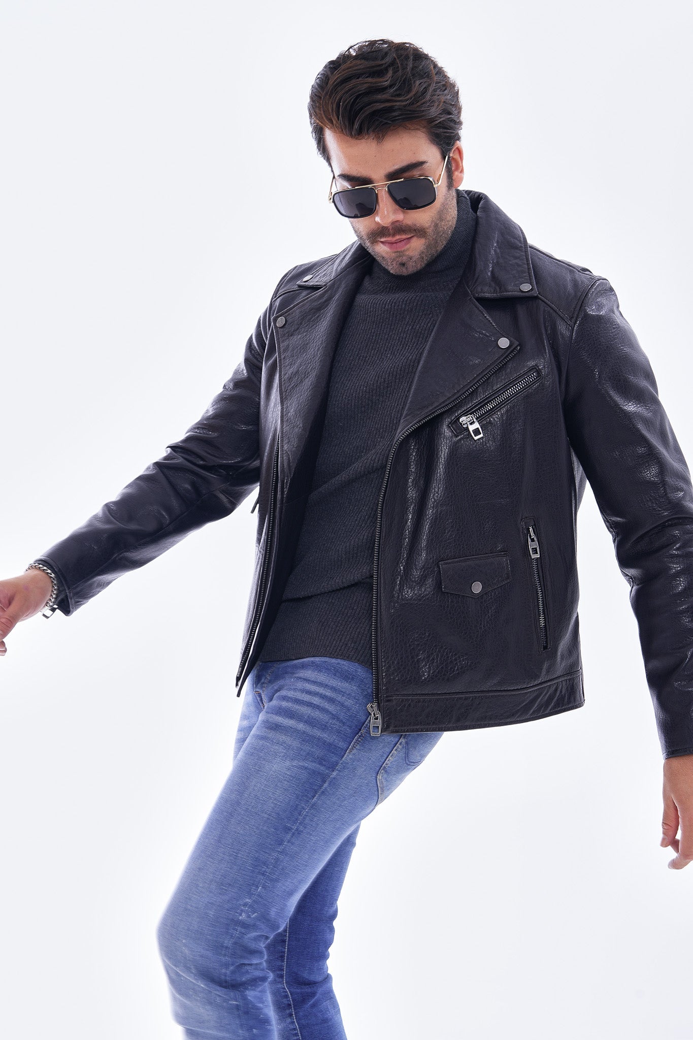 The Volt Textured Navy Blue Leather Men Jacket