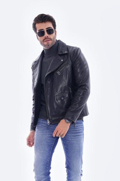 The Volt Textured Navy Blue Leather Men Jacket
