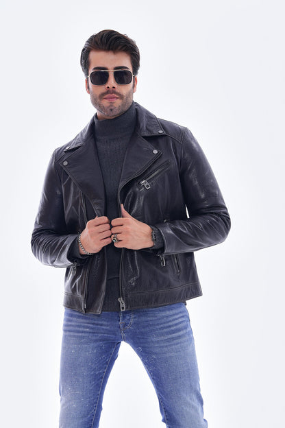 The Volt Textured Navy Blue Leather Men Jacket