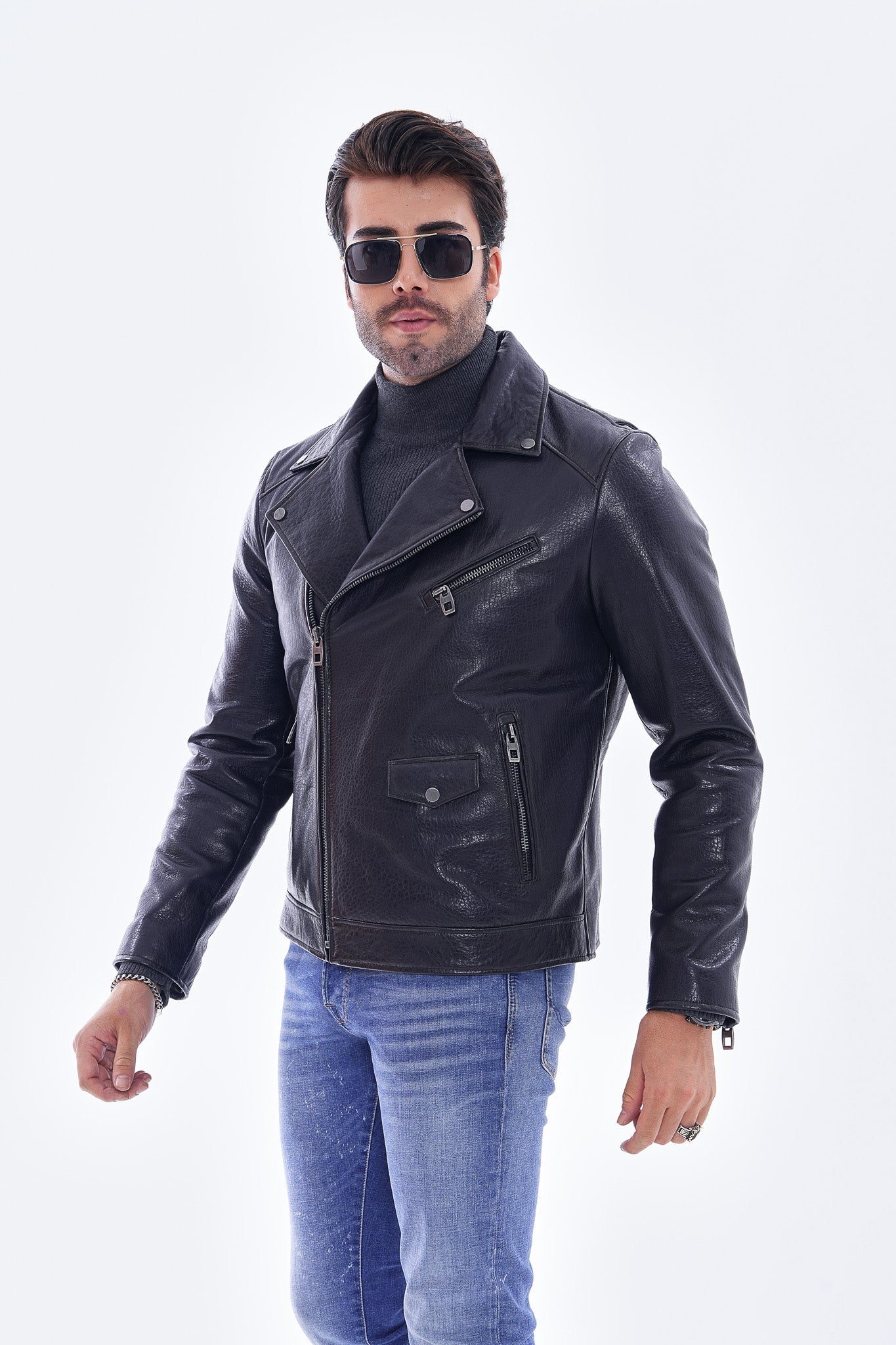 The Volt Textured Navy Blue Leather Men Jacket