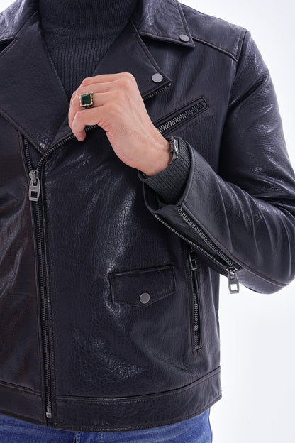 The Volt Textured Navy Blue Leather Men Jacket
