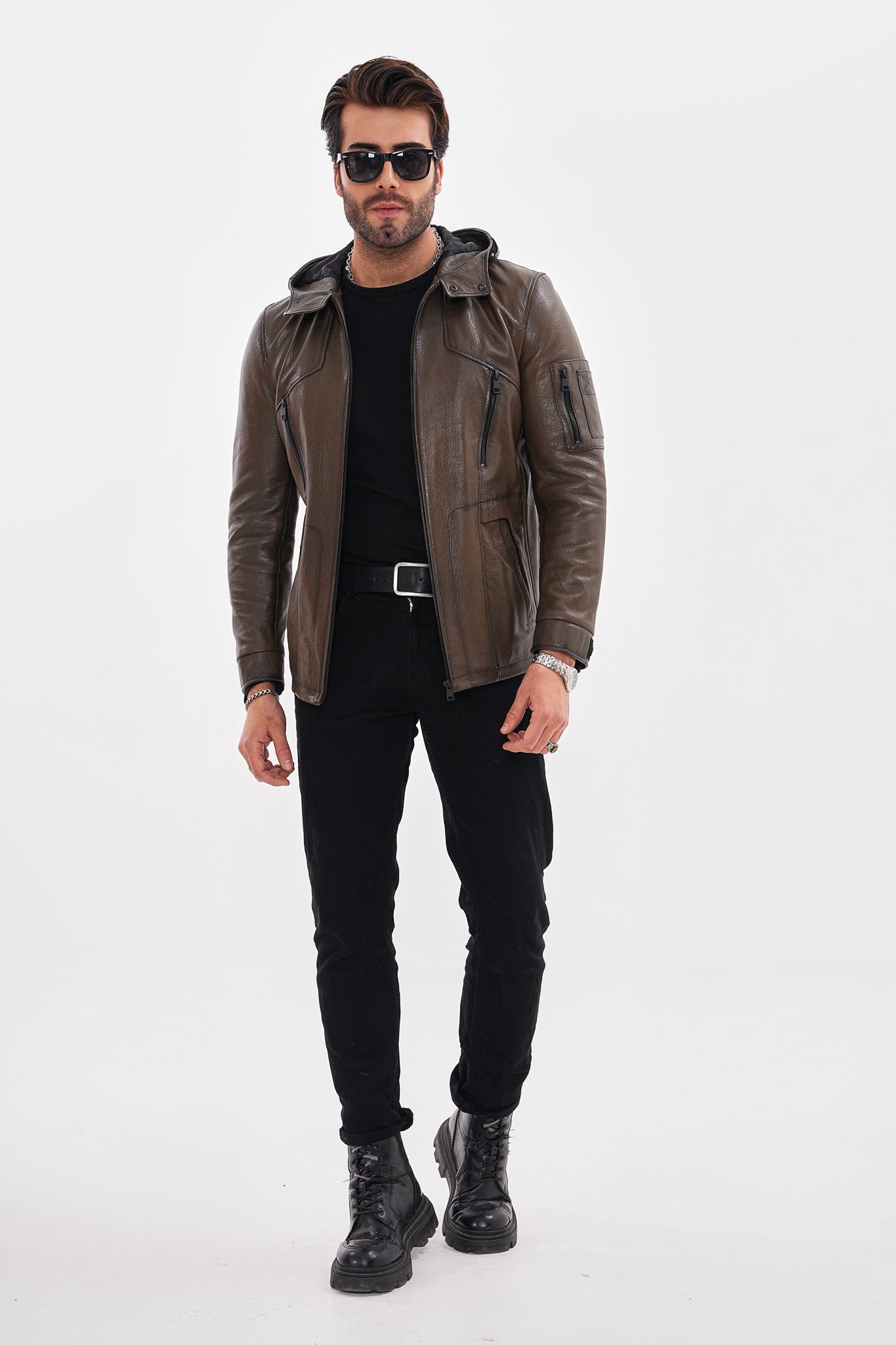 The Veneto Khaki Leather Hooded Men Jacket