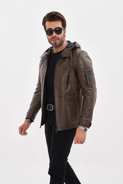 The Veneto Khaki Leather Hooded Men Jacket