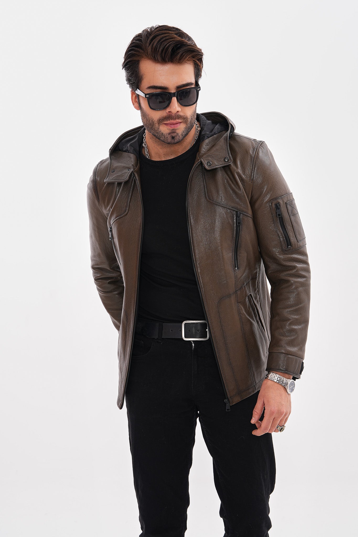 The Veneto Khaki Leather Hooded Men Jacket