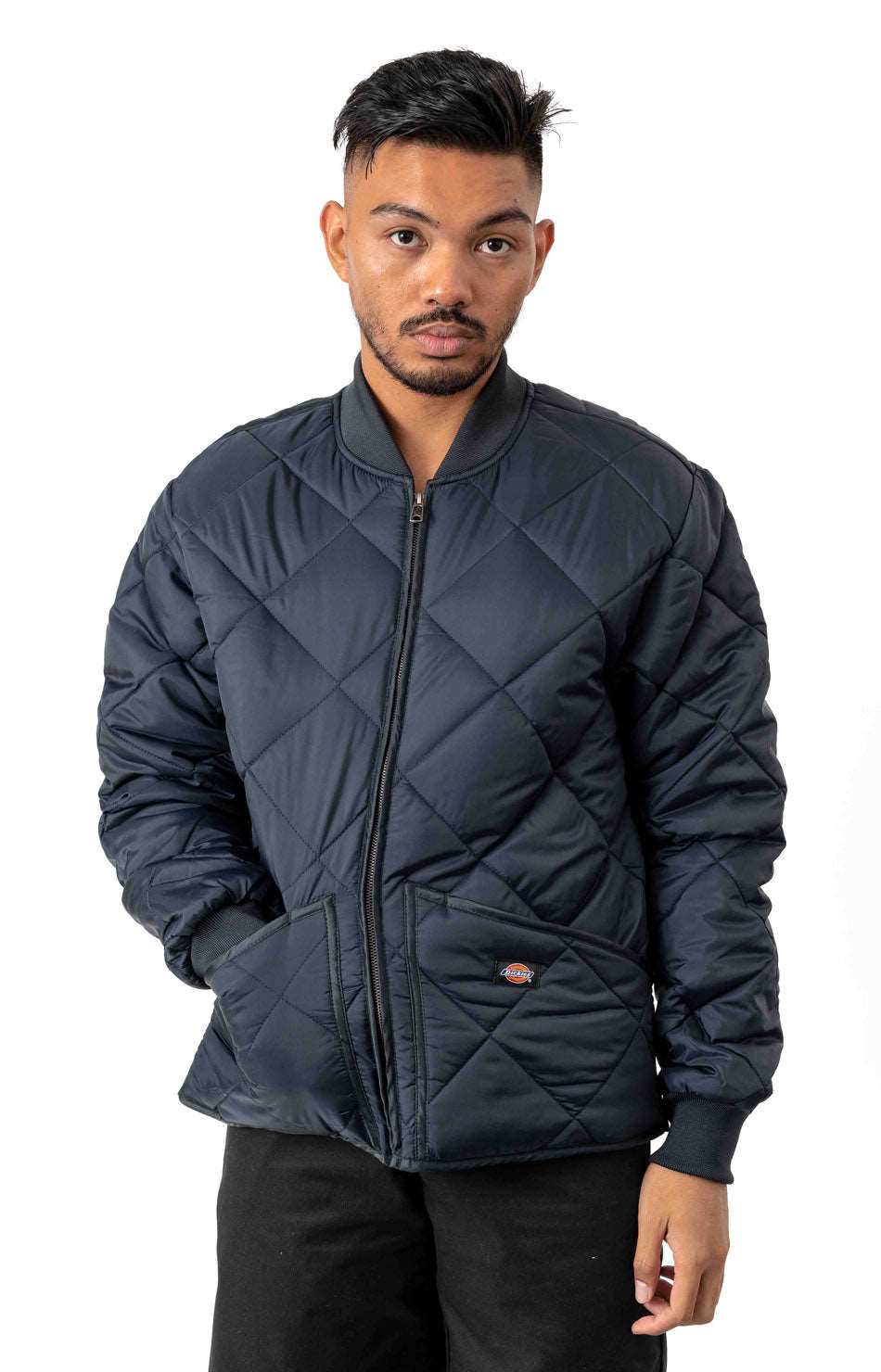 A detailed image of the (61242DN) Diamond Quilted Nylon Jacket in Dark Navy, showcasing its stylish design and durable construction