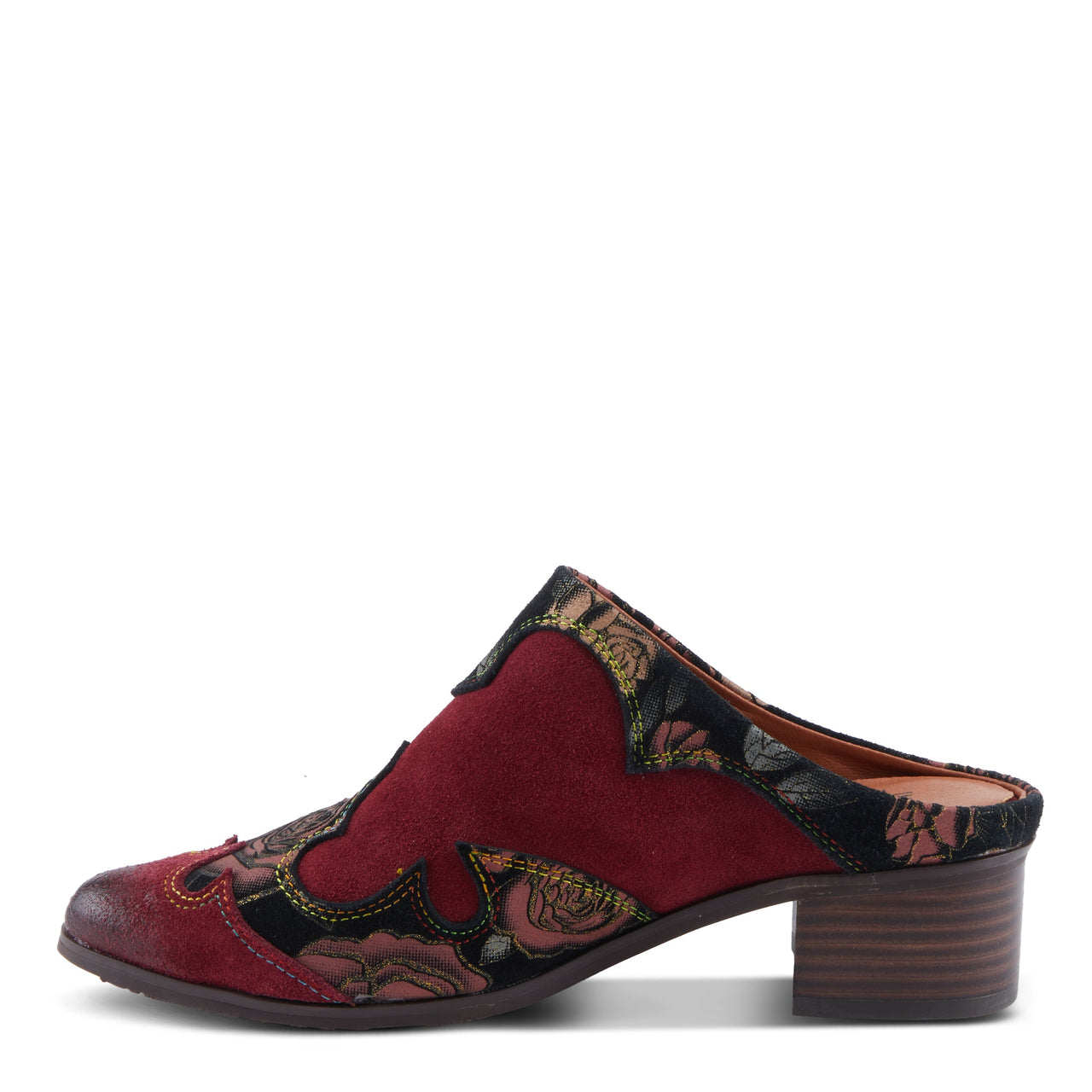 L'ARTISTE LADYSLIDE-SHINE SHOES in floral pattern on a black background