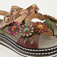 Thumbnail for Black leather slingback sandals with hand-painted floral design and adjustable strap