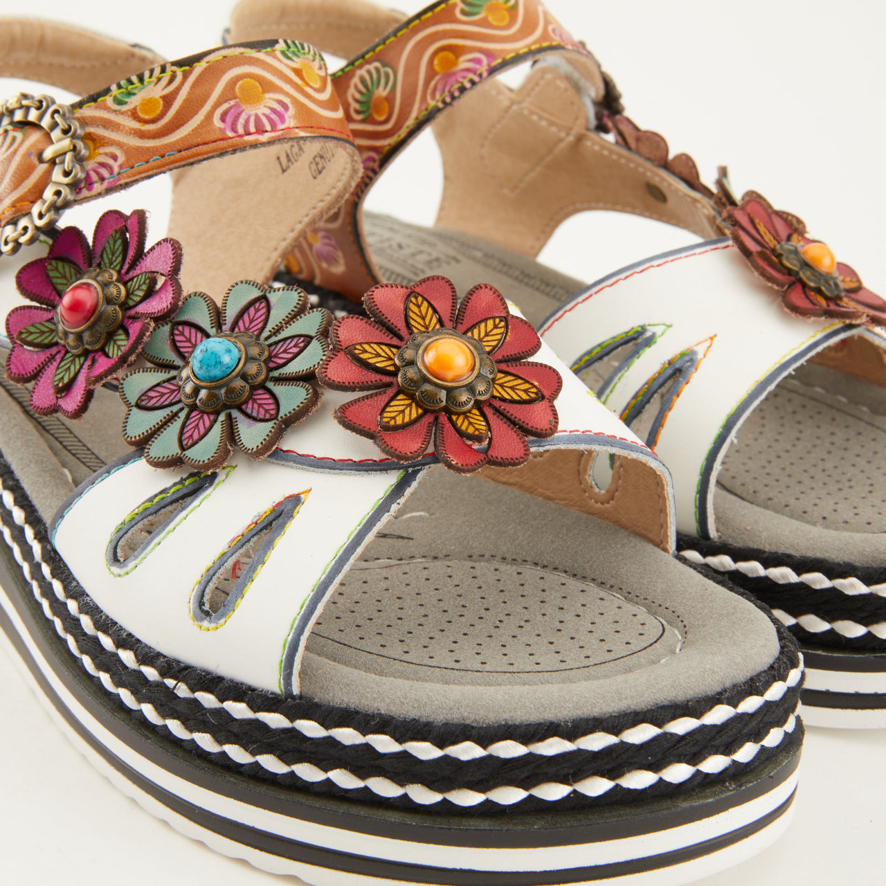  Multi-colored leather slingback sandals with hand-painted floral design