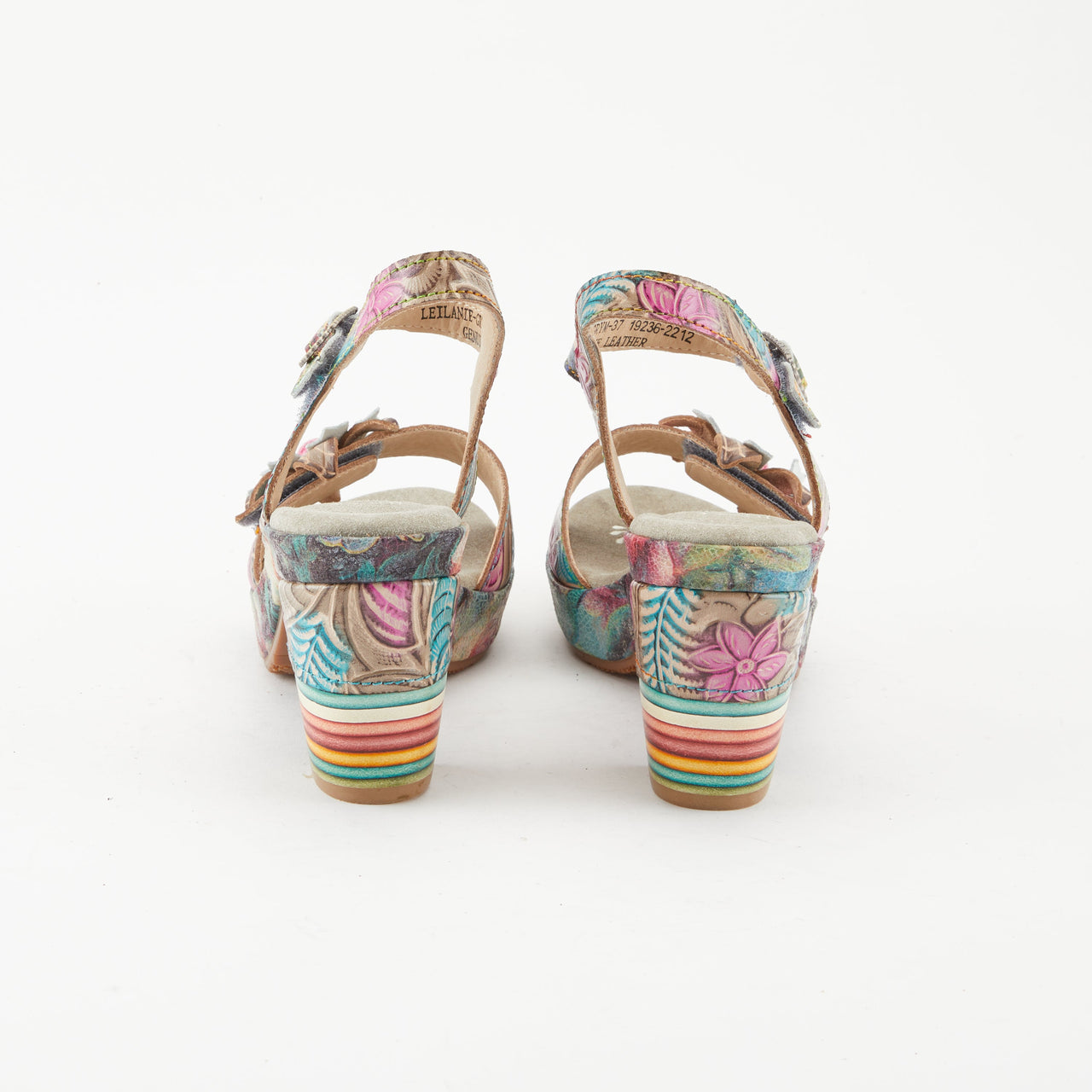 Women's slingback sandals with hand-painted details and stacked heel