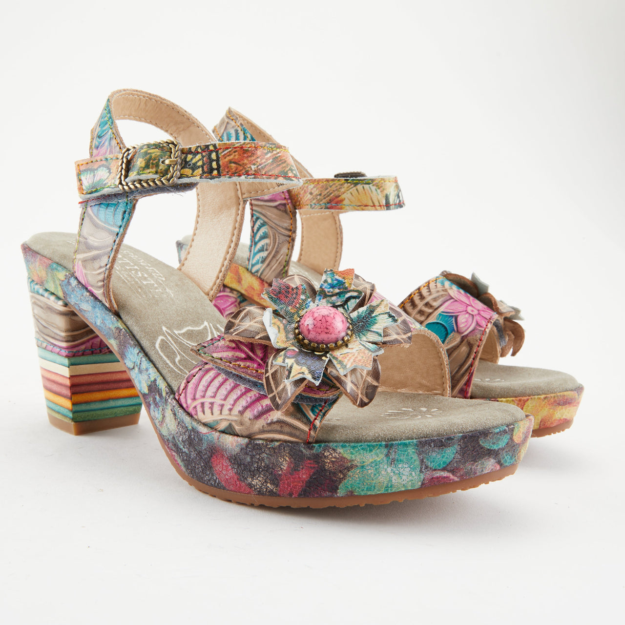 L'ARTISTE LEILANIE SLINGBACK SANDALS in vibrant blue with floral embellishments