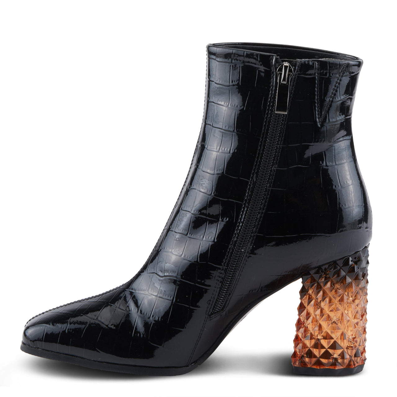 Black leather knee-high boots with pointed toe and stacked heel