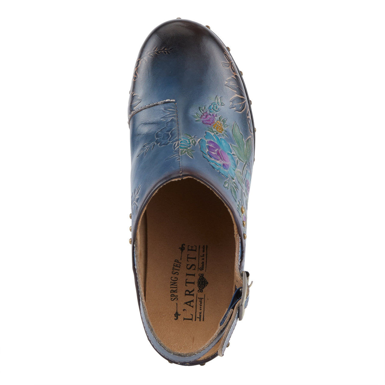 Close-up of L'ARTISTE LOVEYA CLOGS showing hand-painted details and cushioned insole