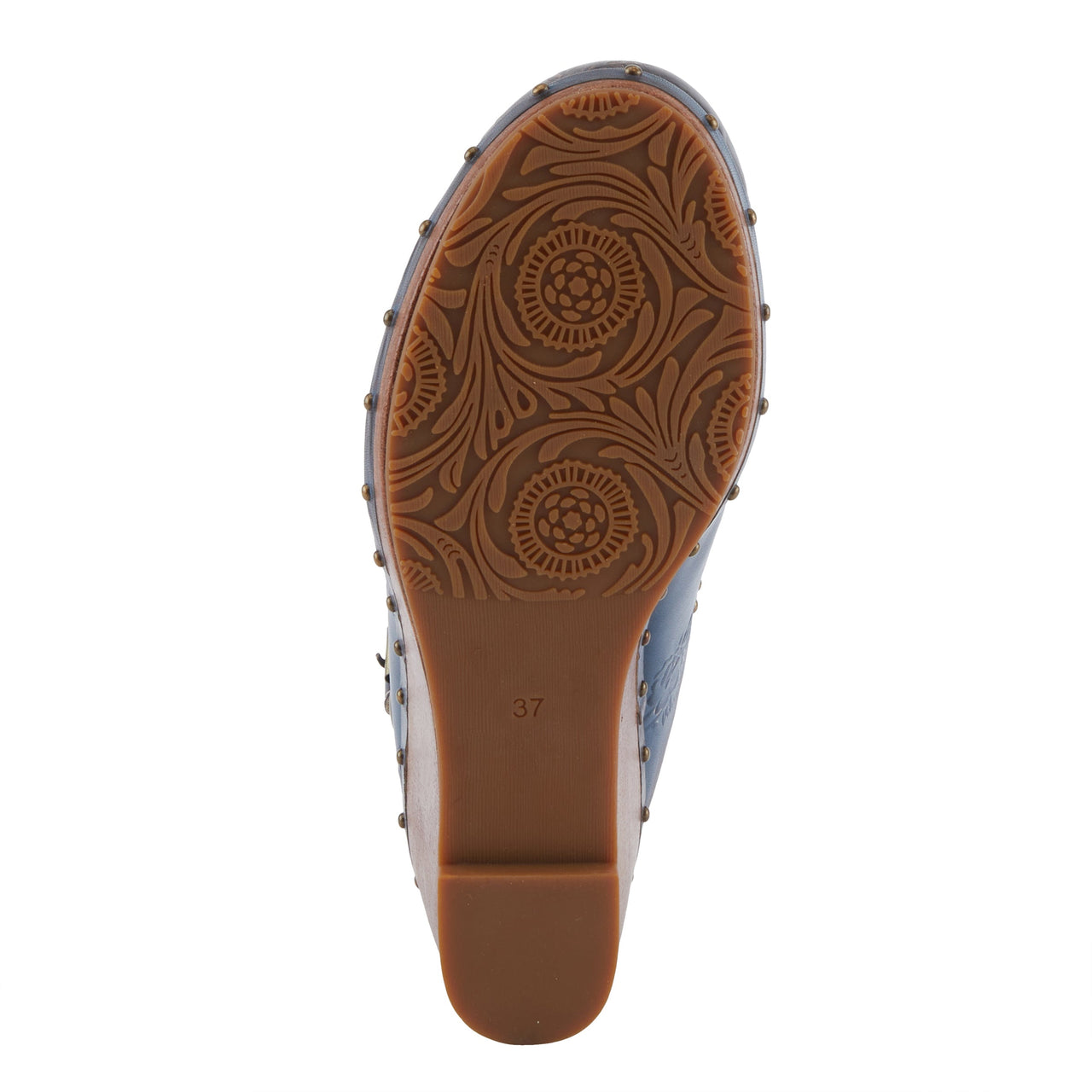 Pair of L'ARTISTE LOVEYA CLOGS in blue leather with intricate laser-cut design