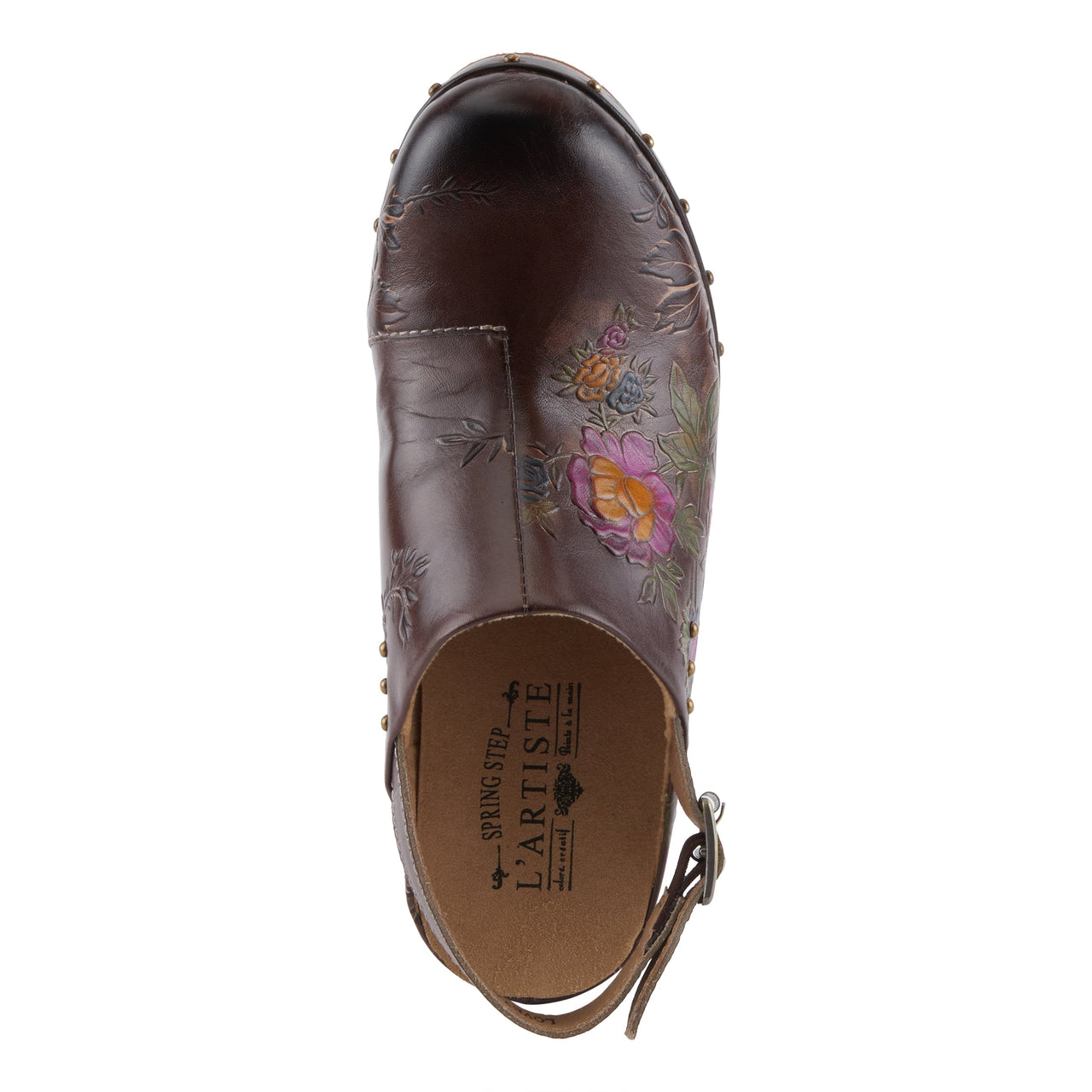 L'ARTISTE LOVEYA CLOGS with floral embossed pattern and embossed leather-wrapped heel