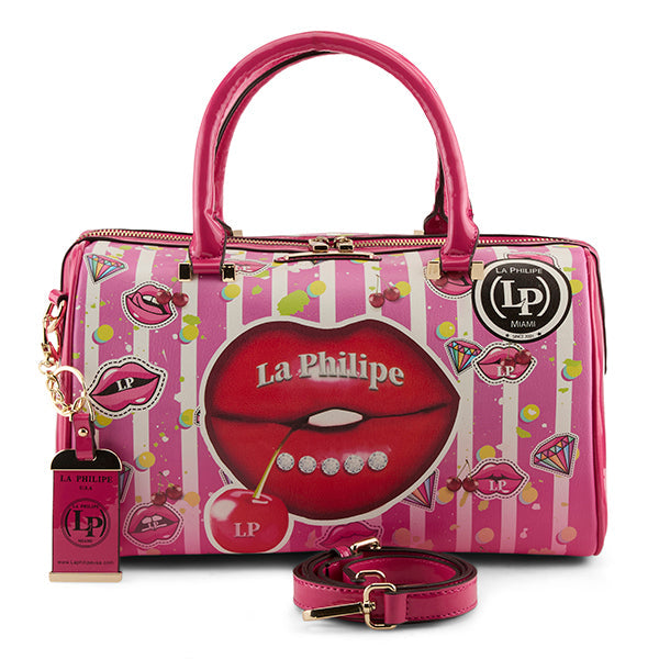 Close-up of the LA PHILIPE LP1020-18 JUICY LIPS HANDBAG-CLASSIC in vibrant red, featuring a classic design and spacious interior for daily essentials