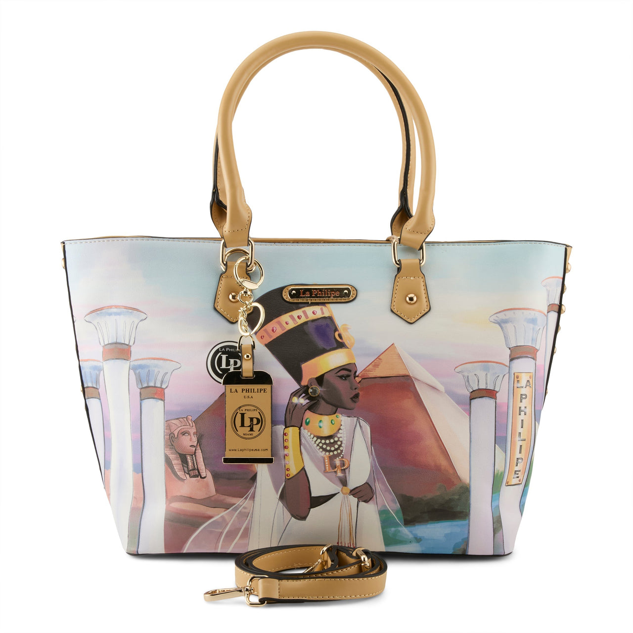 LA PHILIPE LP1021-1 EGYPTIAN PARADISE HANDBAG-TOTE in rich blue and gold colors, featuring intricate Egyptian-inspired designs and spacious interior for all your essentials