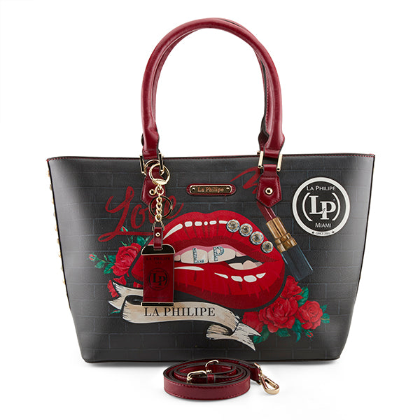  Fashionable woman pairing the LA PHILIPE LP1021-16 red lips handbag-tote with a chic outfit for a night out