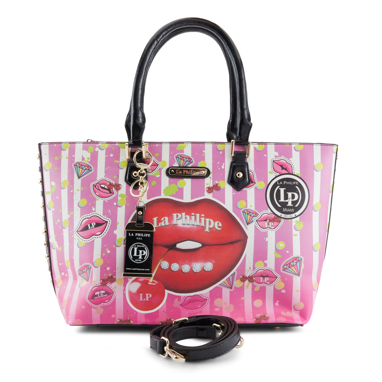 LA PHILIPE LP1021-18 JUICY LIPS HANDBAG-TOTE handbag in vibrant red with lip print and tassel detail