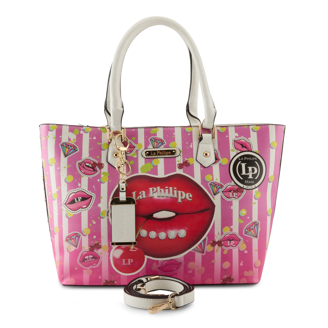 Quirky LA PHILIPE LP1021-18 JUICY LIPS HANDBAG-TOTE handbag showcasing playful lip pattern and practical compartments