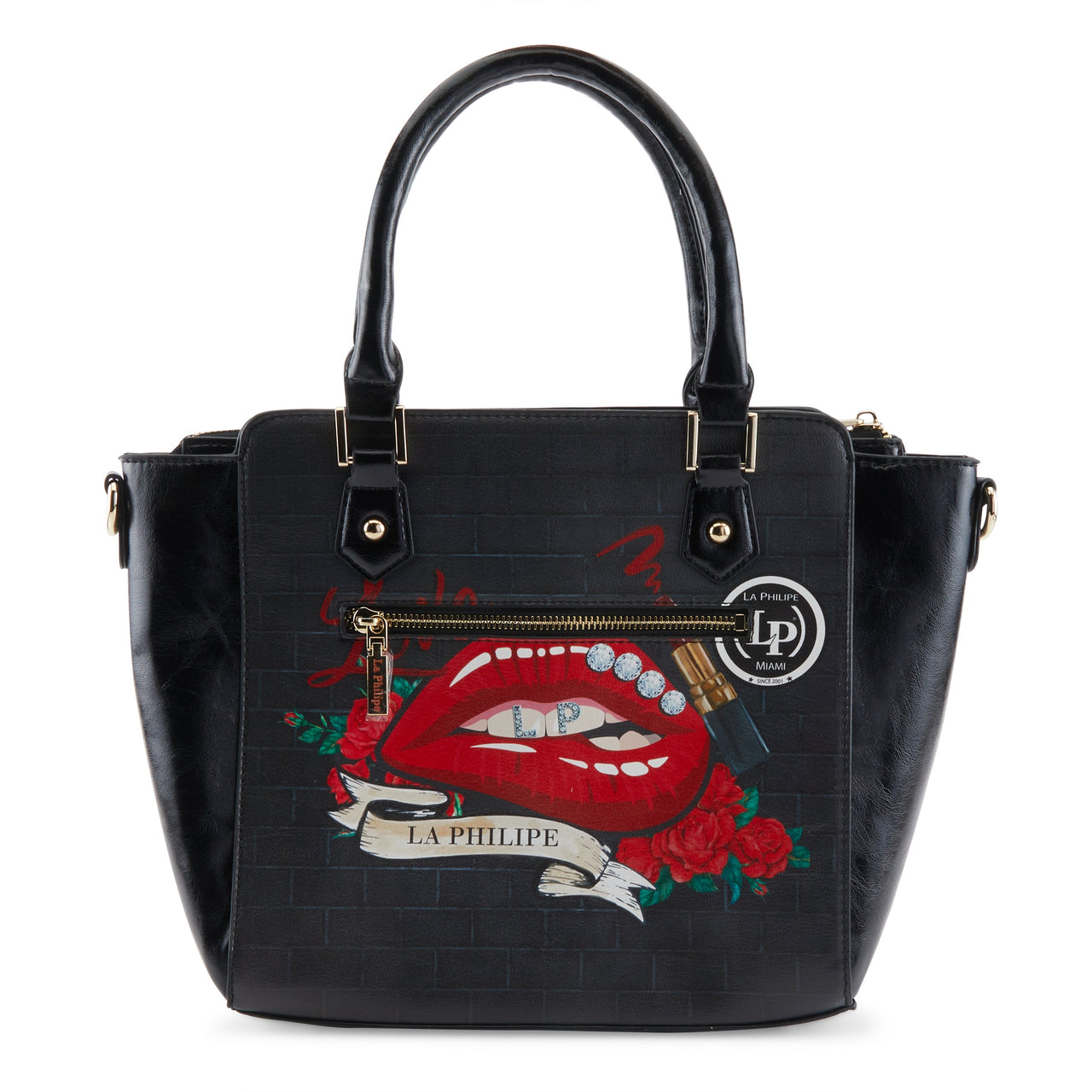 Red Lips Handbag Satchel with Gold Chain Strap and Zipper Closure