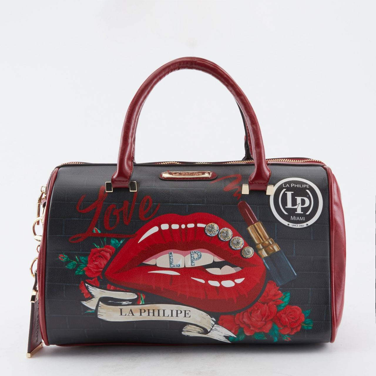 Red satchel handbag with a bold lip print and gold hardware, the LA PHILIPE LP1022-16 is a stylish and versatile accessory for any outfit