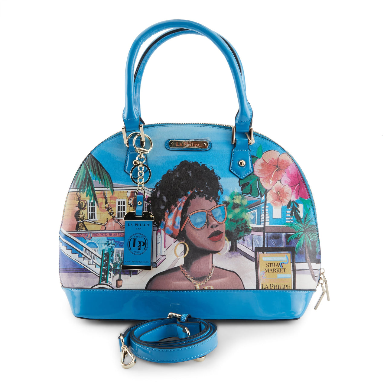 Beautiful blue LA PHILIPE LP1023-8 handbag with oval design, perfect accessory for a stylish look in the Bahamas