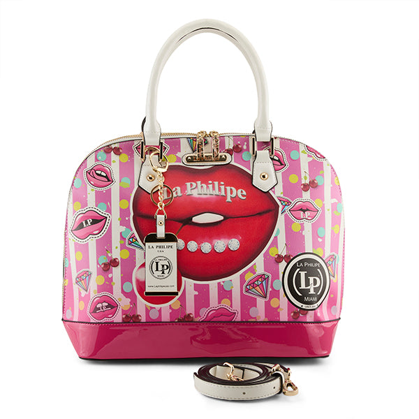 Woman showcasing LA PHILIPE LP1027-18 JUICY LIPS HANDBAG-OVAL as a statement accessory for a night out outfit