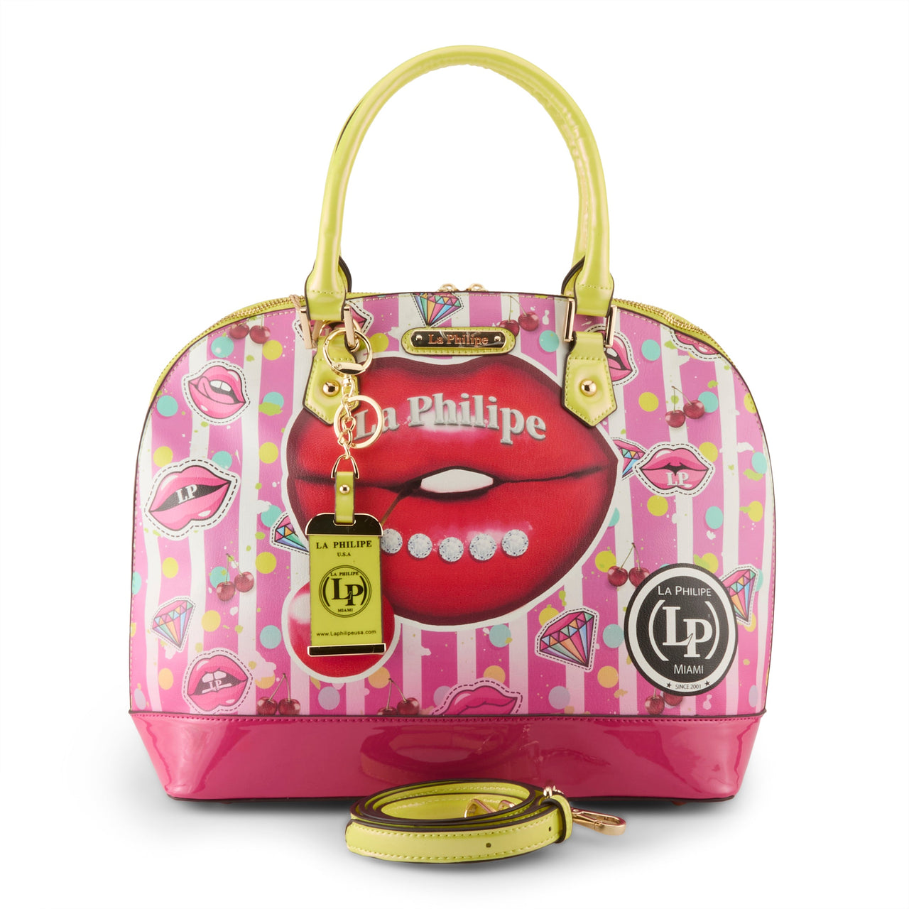 Side view of LA PHILIPE LP1027-18 JUICY LIPS HANDBAG-OVAL showing spacious interior and multiple compartments