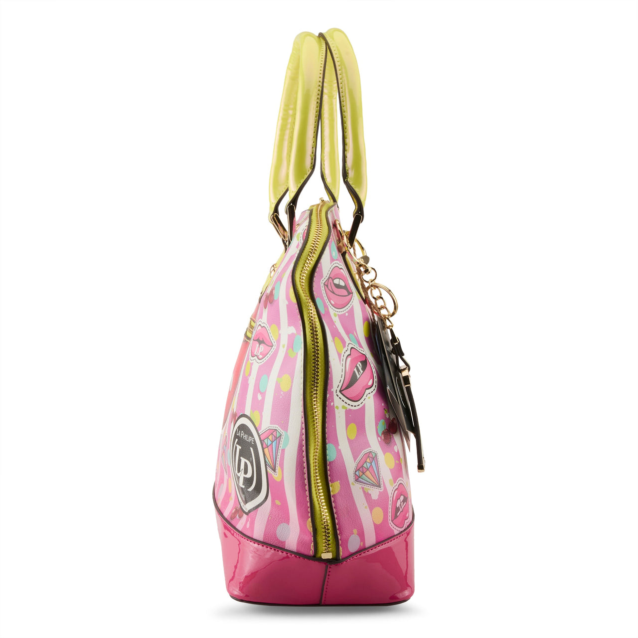 Detailed shot of LA PHILIPE LP1027-18 JUICY LIPS HANDBAG-OVAL zipper closure and logo embellishment