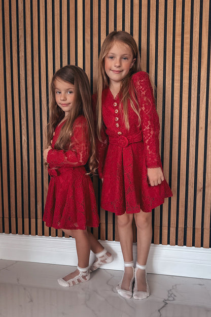 Elise Lace Dress Rhinestone Button Belt Lace Burgundy