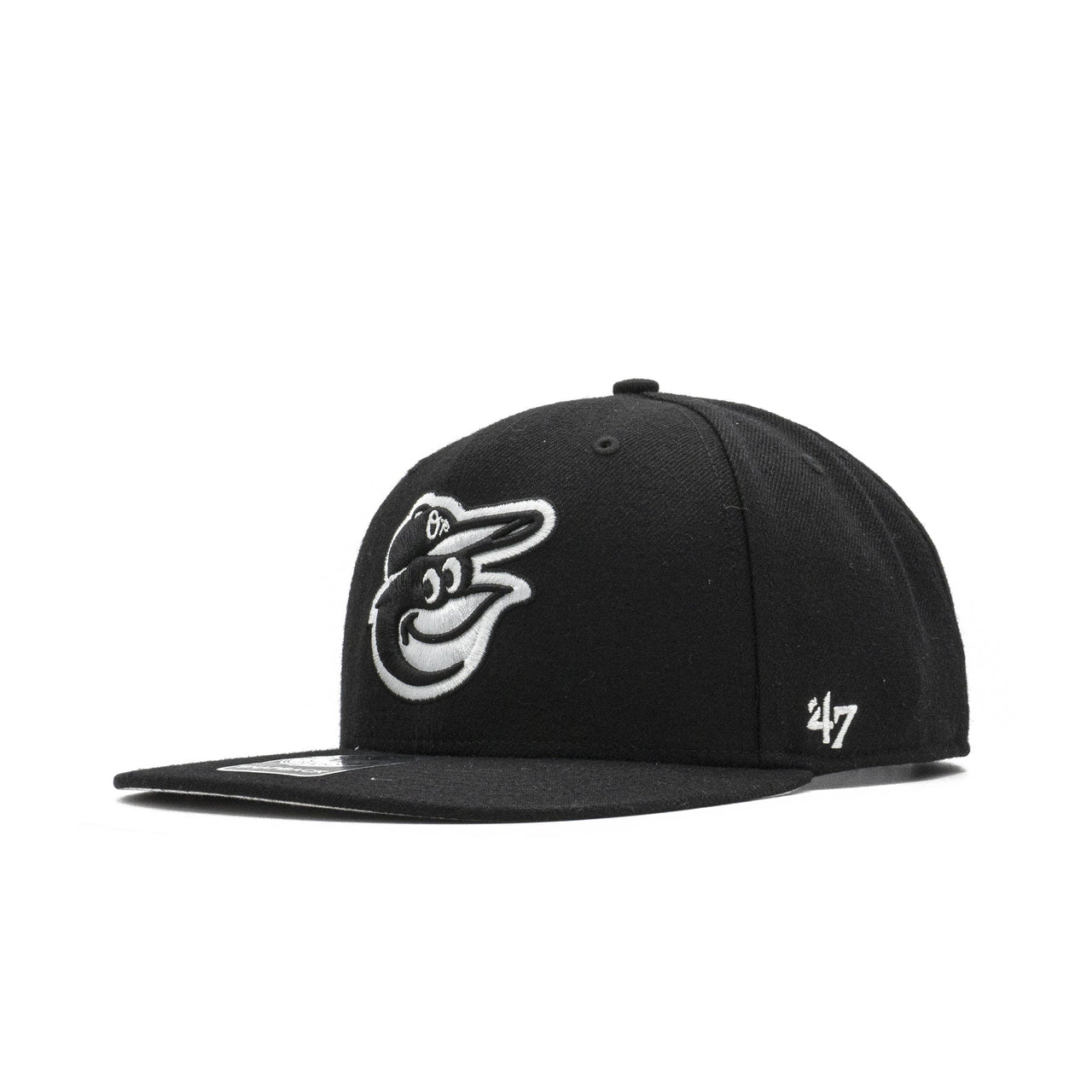 Close-up of Mens 47 Brand Baltimore Orioles Sure Shot Snapback in Black/White