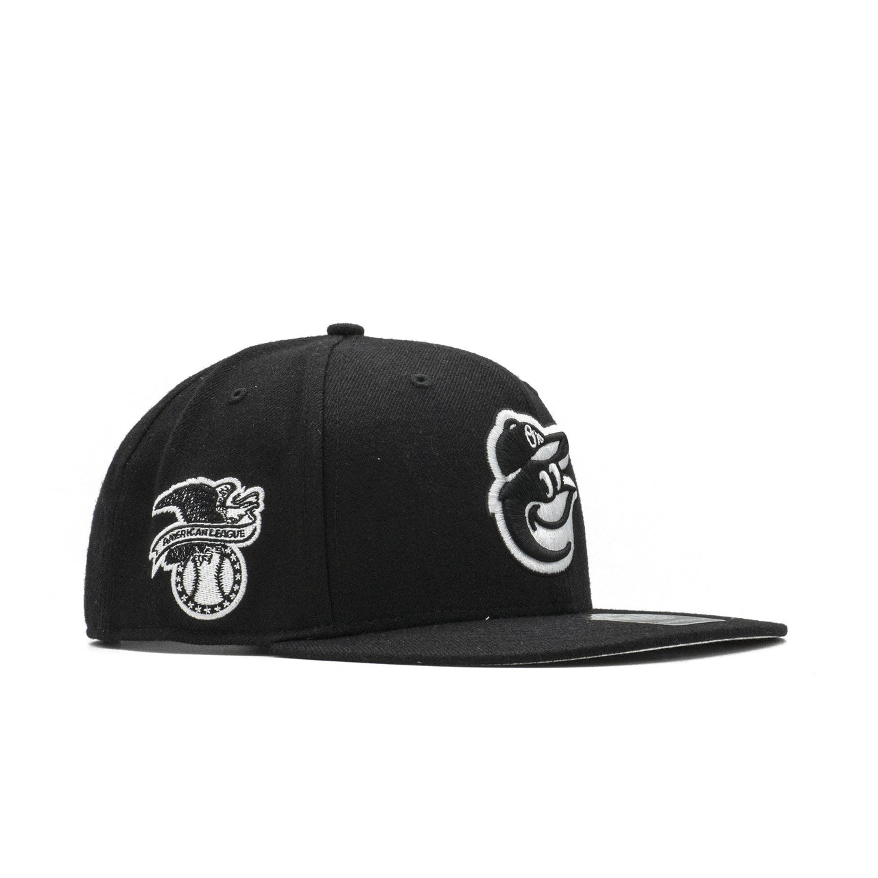 Side view of Mens 47 Brand Baltimore Orioles Sure Shot Snapback in Black/White