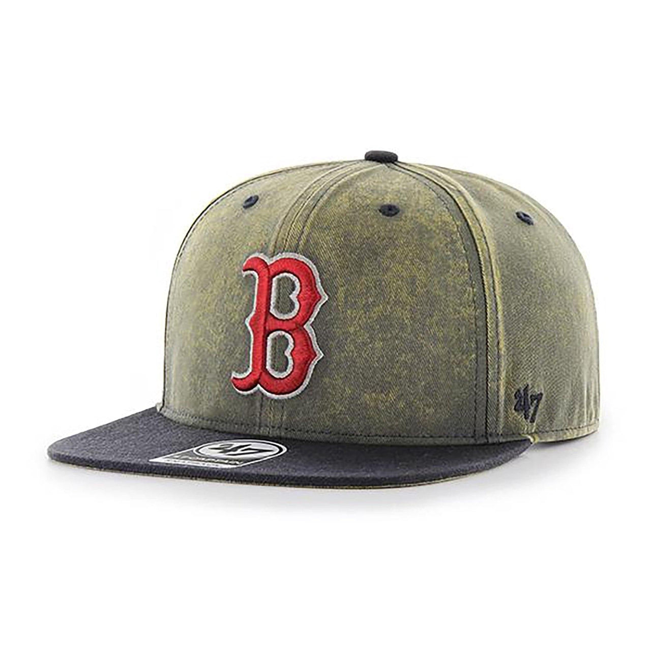 Mens 47 Brand Boston Red Sox Captain Snapback in Cement and Vintage Navy colors, featuring team logo embroidery and adjustable snapback closure