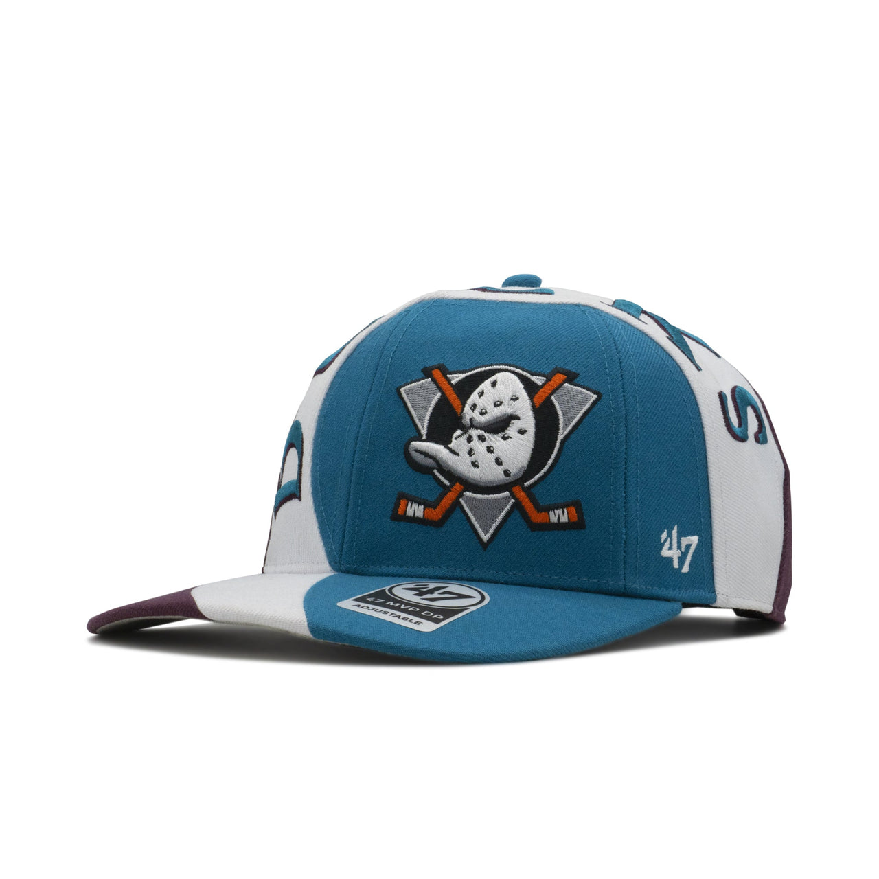 Mens 47 Brand Anaheim Ducks MVP DP Snapback in maroon, white, and teal with embroidered team logo