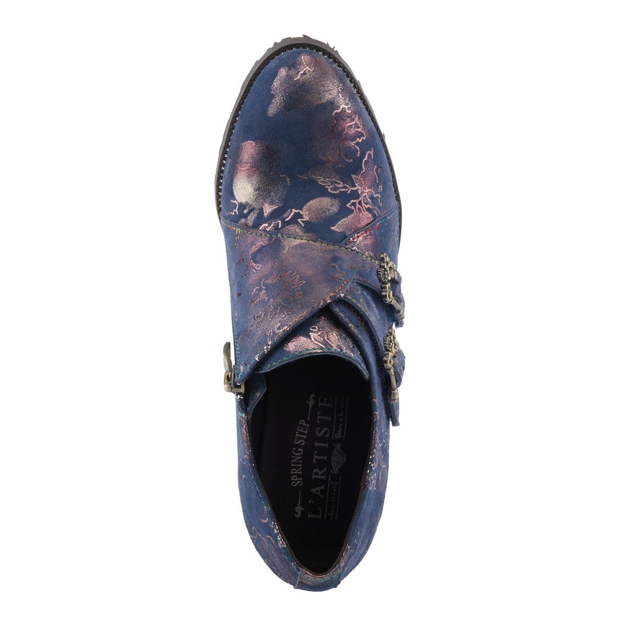 L'ARTISTE MAISIANA SHOES - Side view of vintage-inspired leather shoes with floral accents