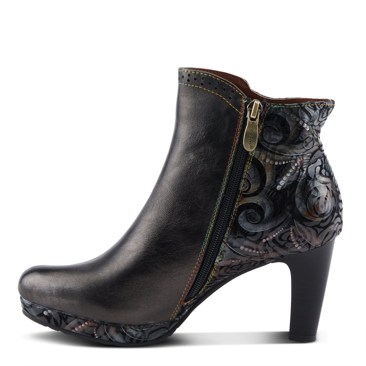 Brown leather L'ARTISTE MARLEIGH BOOTS with floral embroidery and stacked heel