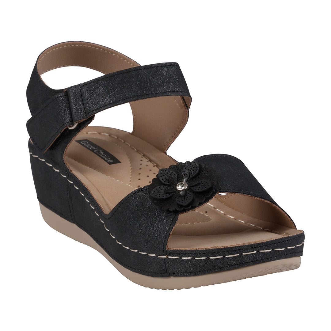 GC Shoes Maxwell Black Flower Velcro Slingback Wedge Sandals