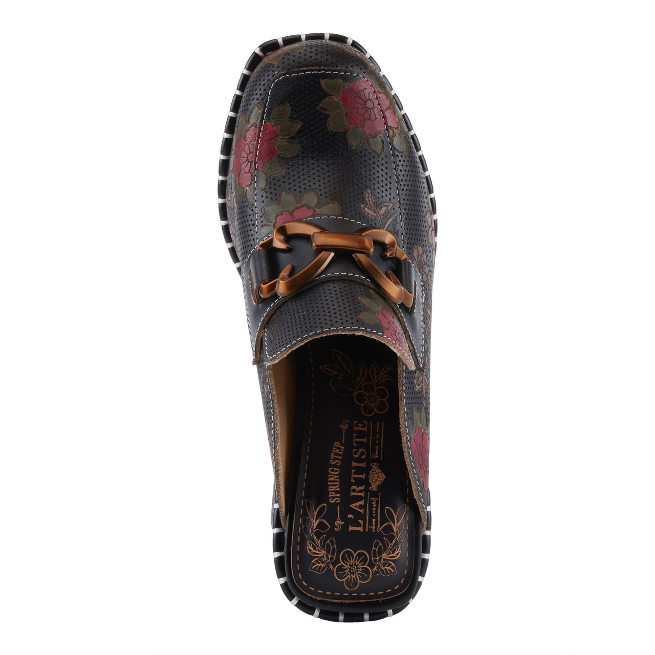 Hand-painted leather heeled mule with floral perforations and adjustable strap